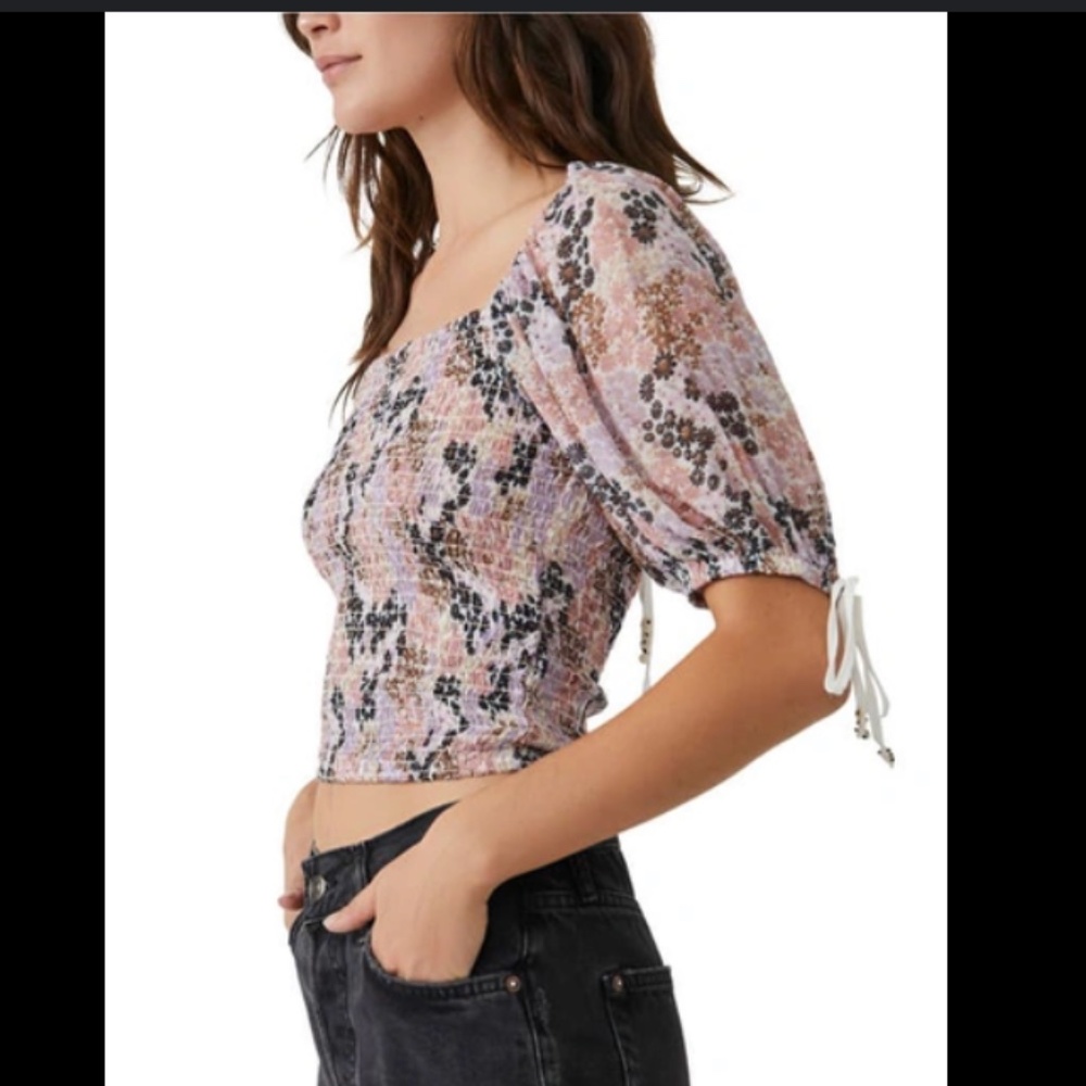 Smocked Puff Sleeve Crop Top Pink Purple Floral Flower Bead Tie Large L